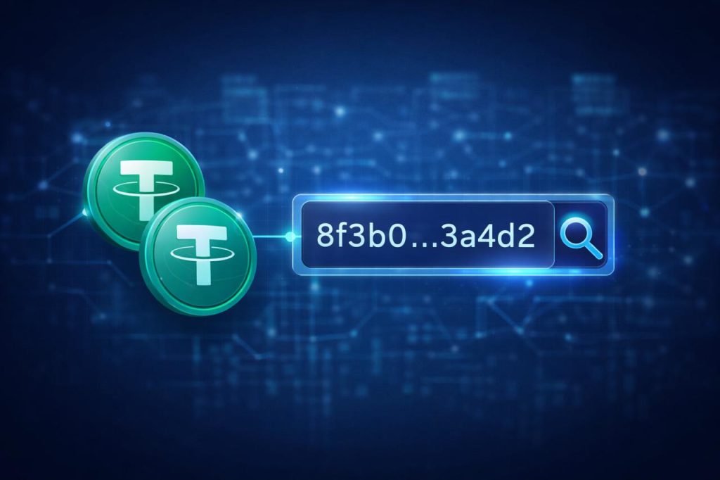 Visual representation of a Tether (USDT) transaction ID with stablecoin tokens connected to a blockchain transaction hash