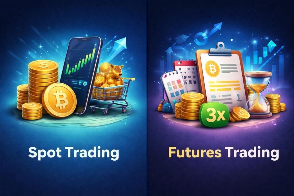 Visual comparison between spot trading and futures trading showing asset ownership versus contract-based trading