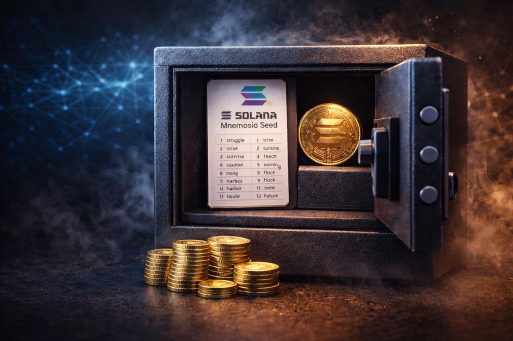 Open secure safe containing a Solana seed phrase card and gold coin, symbolizing cold storage and self-custody security