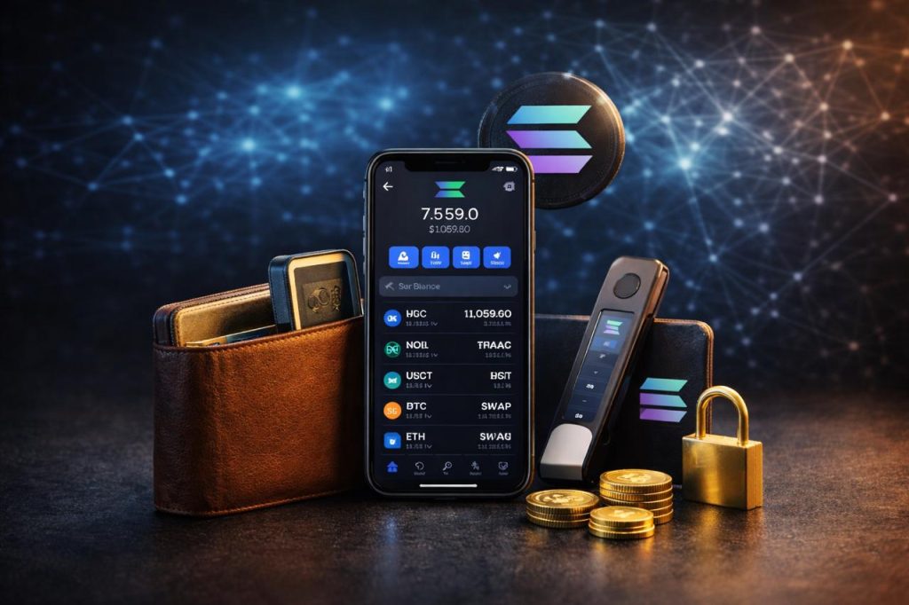 Solana cryptocurrency wallets including mobile and hardware wallets, representing secure and non-custodial asset management
