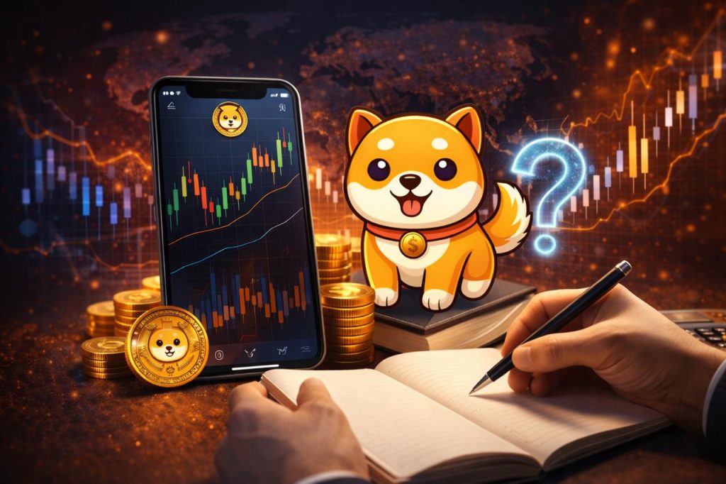 Baby Doge Coin character sitting on stacks of coins with market charts and a question mark, representing price prediction and uncertainty in crypto markets