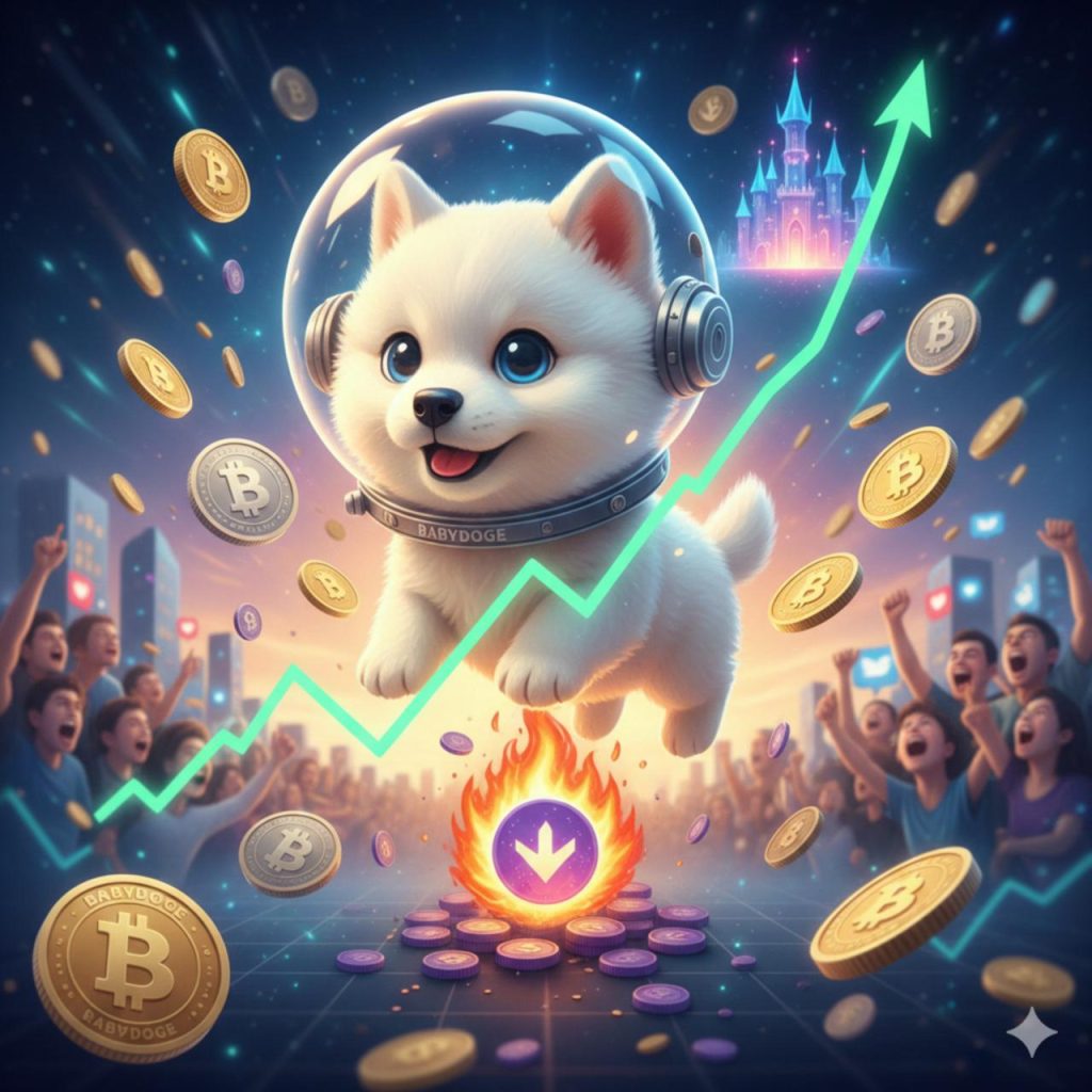 Baby Doge Coin mascot surrounded by rising price chart, coins, and an enthusiastic crypto community, symbolizing market momentum and speculation