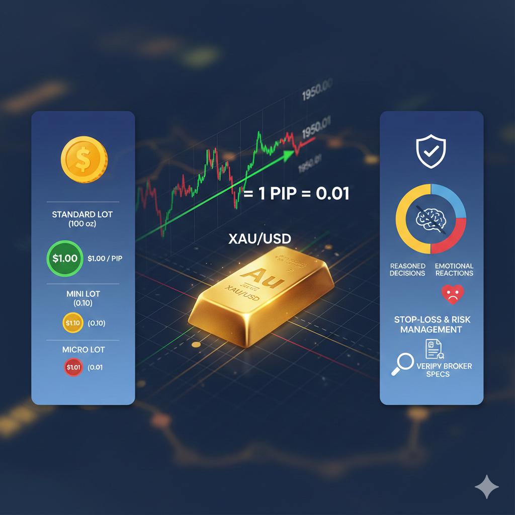 Conceptual illustration of XAU/USD trading showing pip value across different lot sizes and the importance of disciplined risk management