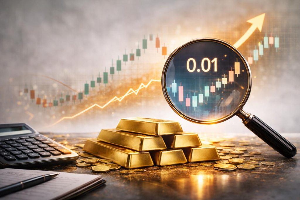 Gold bars with a magnifying glass highlighting price movement on a chart, representing pip calculation and risk management in XAU/USD trading