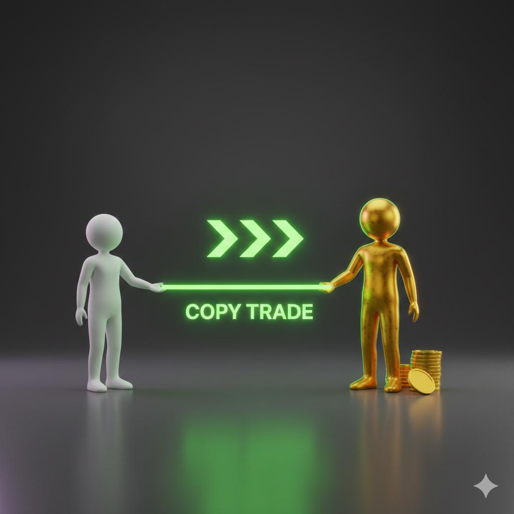 Illustration showing copy trading where one trader mirrors the trades of a successful investor represented by gold figures and profit symbols