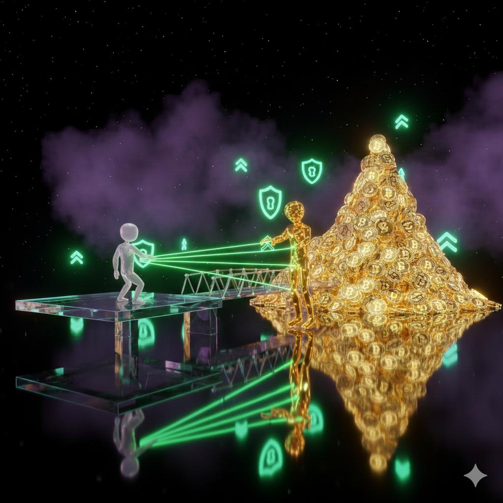 Futuristic 3D illustration of copy trading with multiple signal connections leading to accumulated profits, security icons, and upward growth indicators