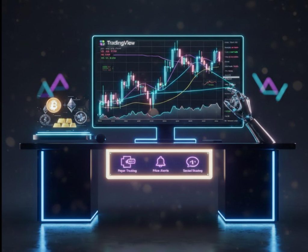 Modern trading workspace showing real-time candlestick charts, indicators, and digital asset symbols on a professional trading screen