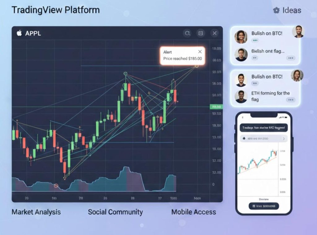 TradingView platform displaying technical analysis charts, price alerts, social trading ideas, and mobile market access