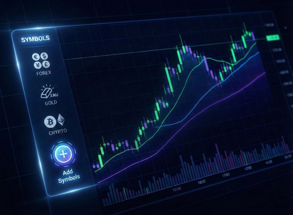 A realistic trading chart interface displaying an upward price trend with candlestick patterns, moving averages, volume bars, and options to add forex, gold, and crypto symbols.