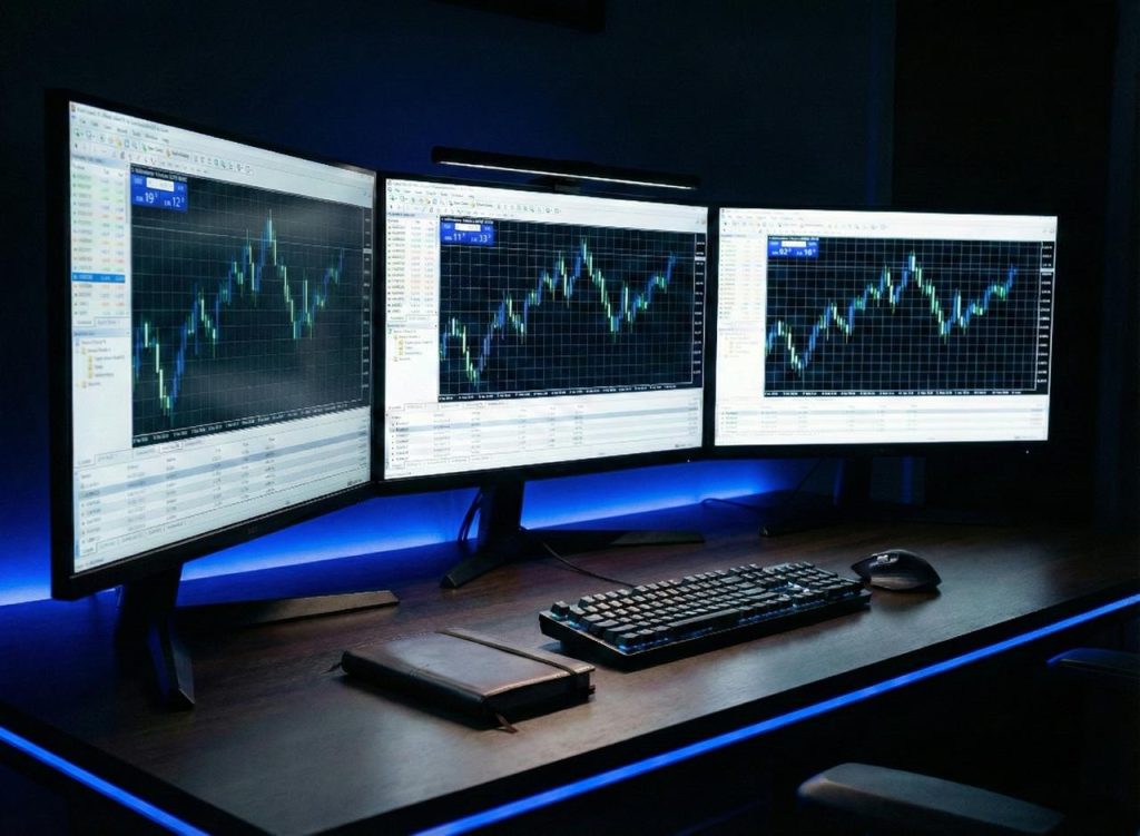Professional ECN trading workstation with multiple monitors displaying forex charts